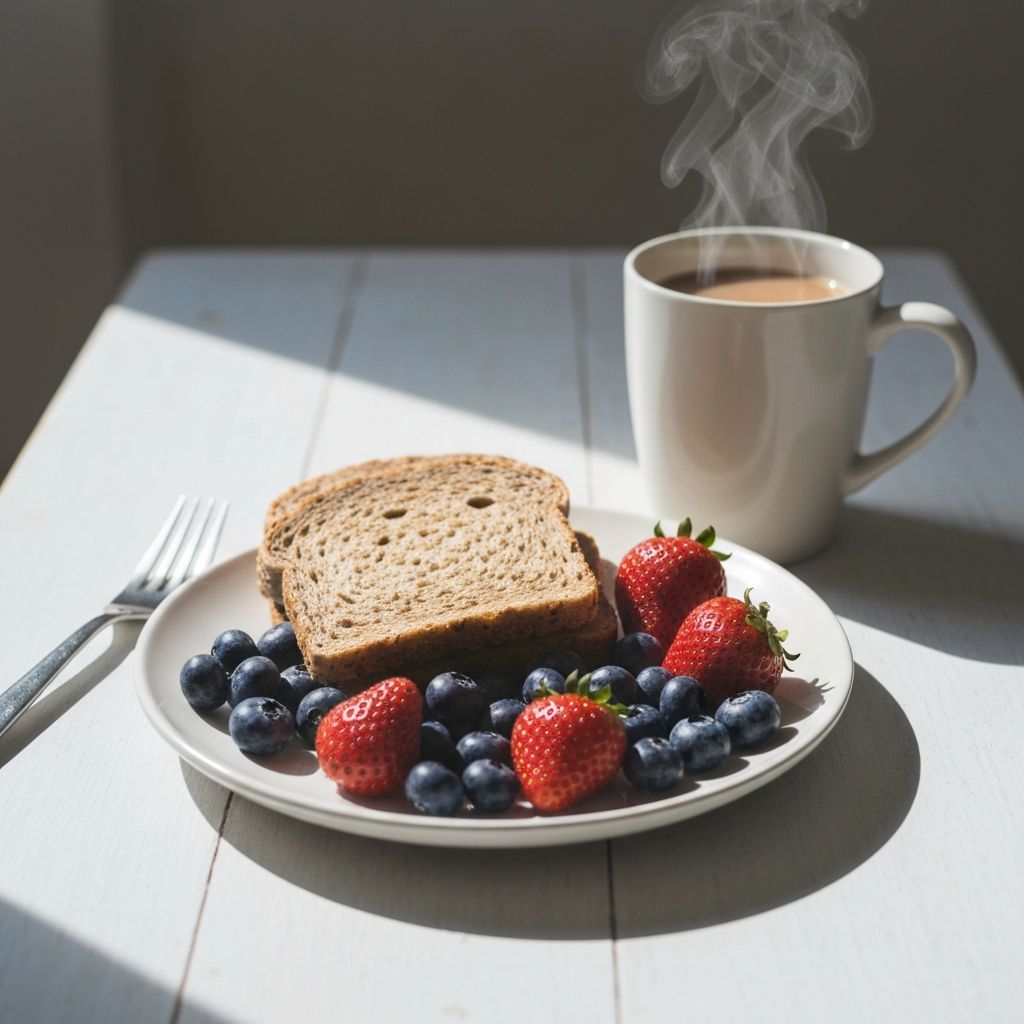 Frühstücksvorbereitung mit frischen Zutaten und warmem Getränk