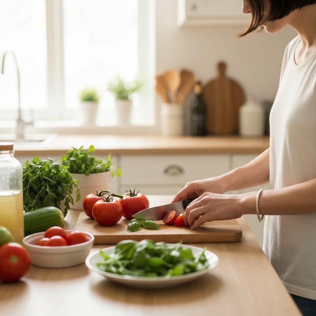 Hände bereiten frisches Gemüse in einer hellen Küche vor